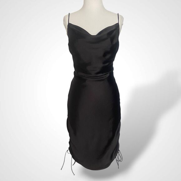 Zara Black Cowl Neck Draped Satin Midi Dress Size M Sleeveless Spaghetti Strap - Picture 1 of 7